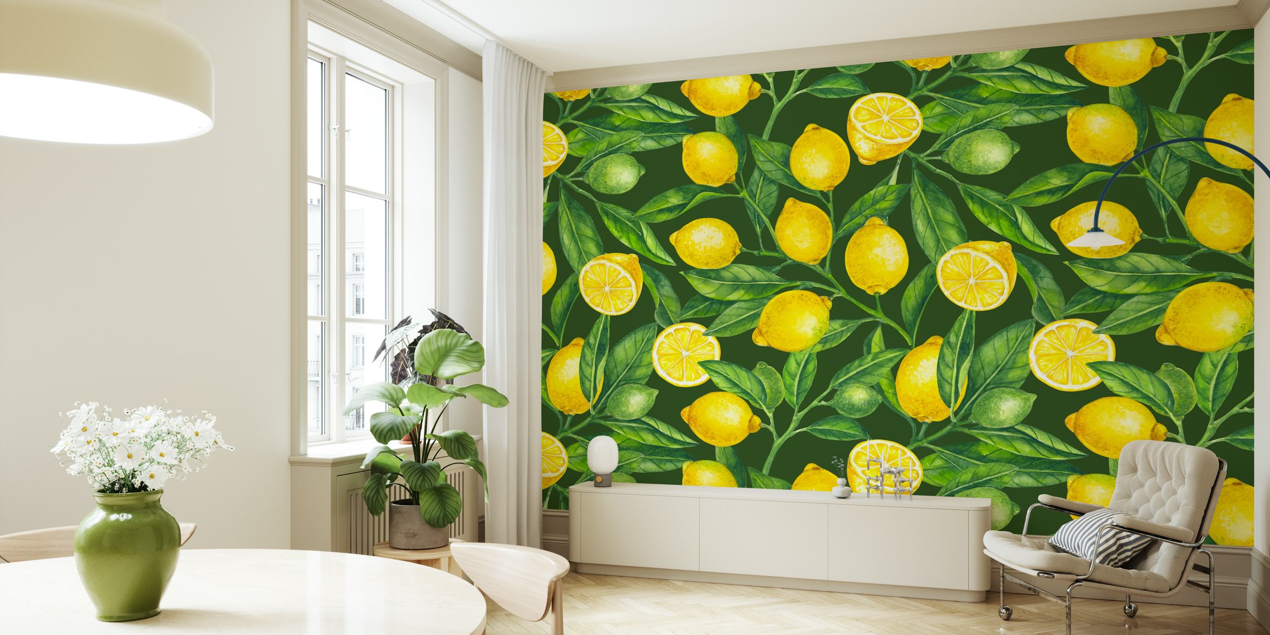Lemon branches with yellow fruit and green leaves wallpaper